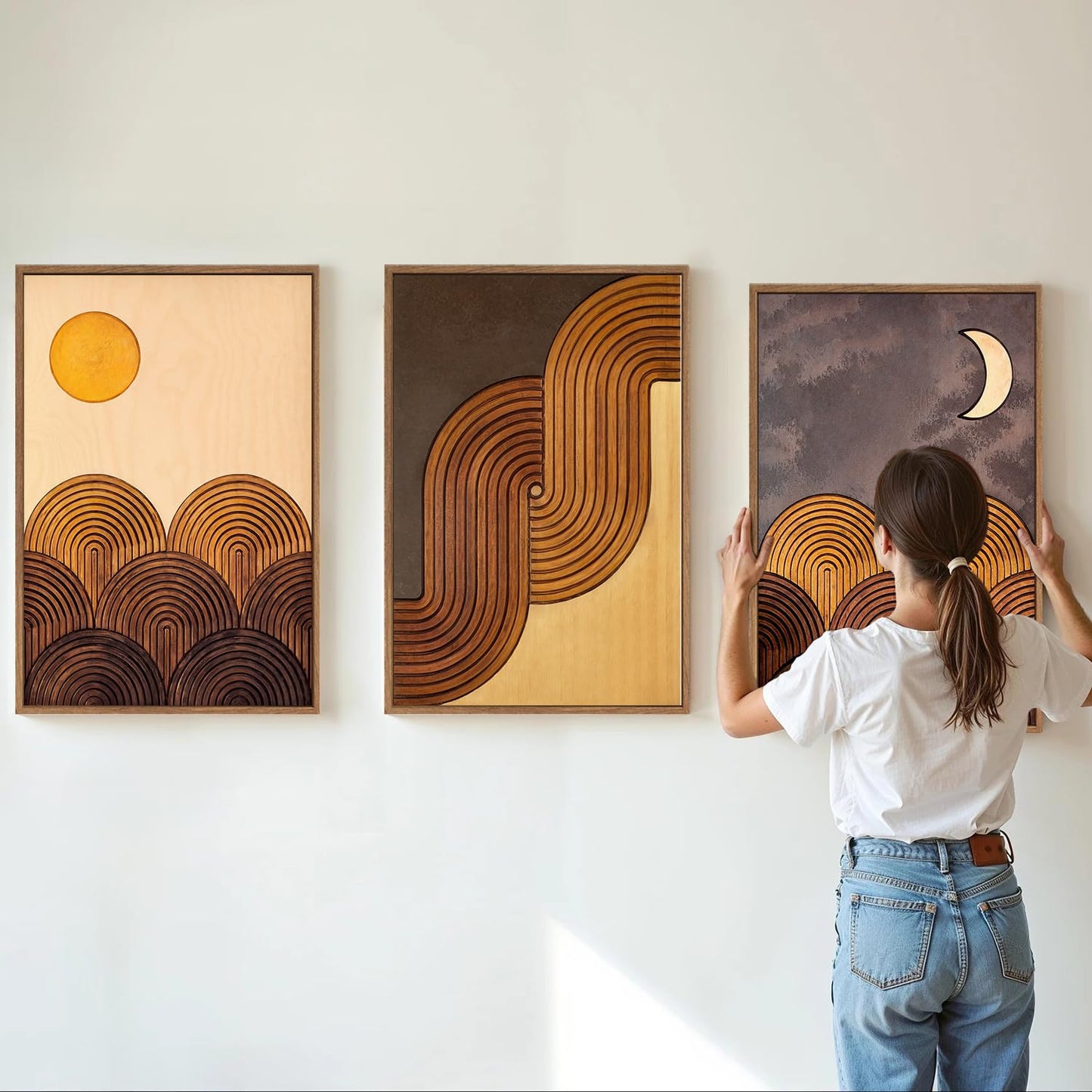 Tinonedraw Mid Century Modern Framed Canvas Wall Art Set, Boho Minimalist Geometric Arch Wall Decor, Bohemian Sun and Moon Art Paintings, Beige Brown Wooden Artwork for Living Room Bedroom 16"x24"x3