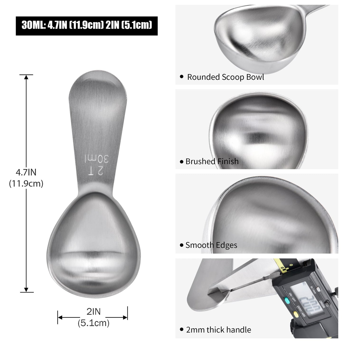 Doosu 2 Tablespoon Coffee Scoop - 18/8 Stainless Steel Heavy Duty Measuring Spoon with Short Handle, Food Grade Metal Tbsp Scoop for Ground Coffee Beans Tea Sugar Powder (30ml)