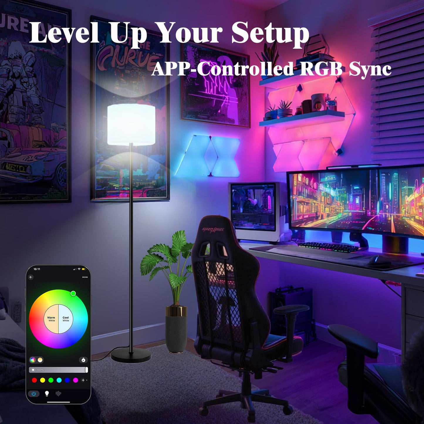 Fuvqeyes Smart Floor Lamp with APP & Remote Control - Dimmable RGB & White Light (3000K-6500K) for Living Room, Bedroom, Office - Modern Standing Lamp with 9W LED Bulb Included