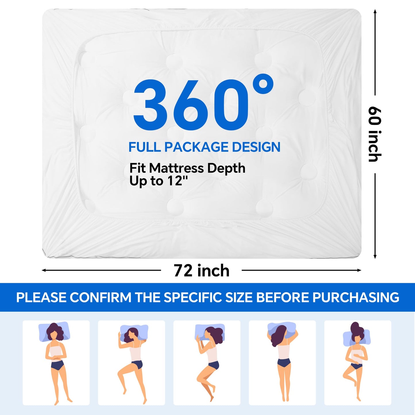 HOMBYS 2 Inch Thick Queen Size Sofa Bed Mattress Protector, 60'' x 72'' Waterproof Mattress Pad Cover with Deep Pocket, Pull Out Couch Pad Topper (White)
