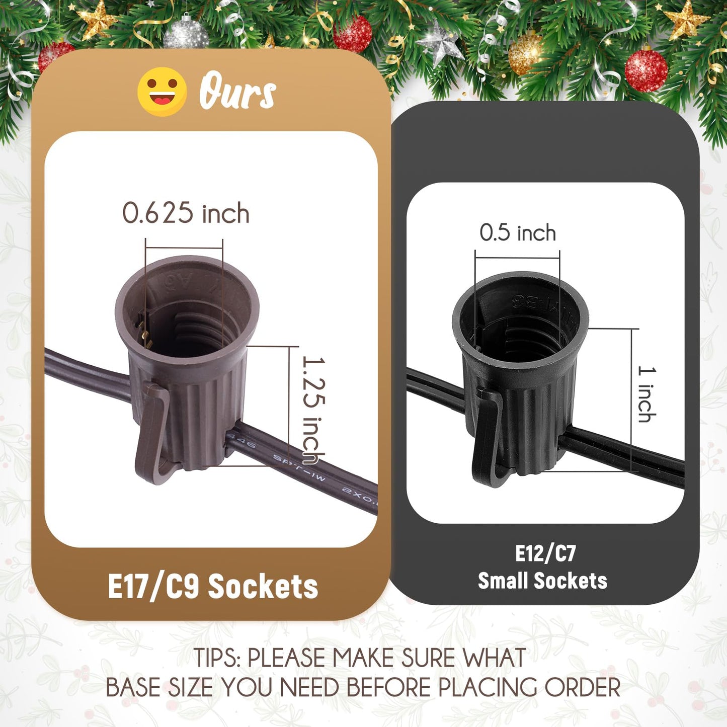 C9 Light Strand, 100 FT Outdoor String Lights Christmas Stringer with 100 Sockets for Christmas Decor Patio, E17 Light Socket, 12 Spacing, Brown Wire