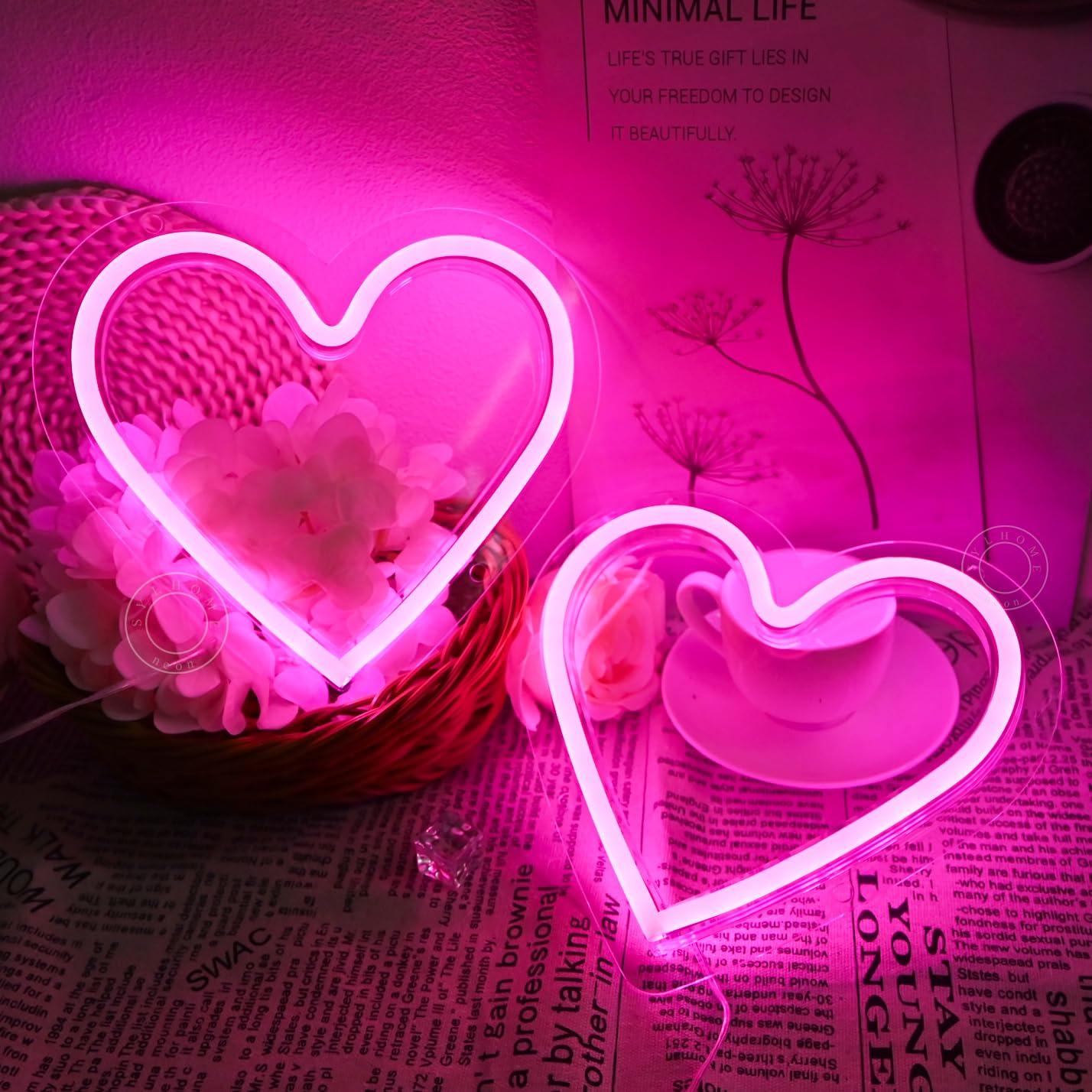 SYLHOME 2 Pack Heart Pink Led Neon Light Sign Battery Operated or USB Powered Bedroom Wedding Wall Sign Decor Valentines Day Birthday Christmas Gifts USB 7.87" X 7.28"
