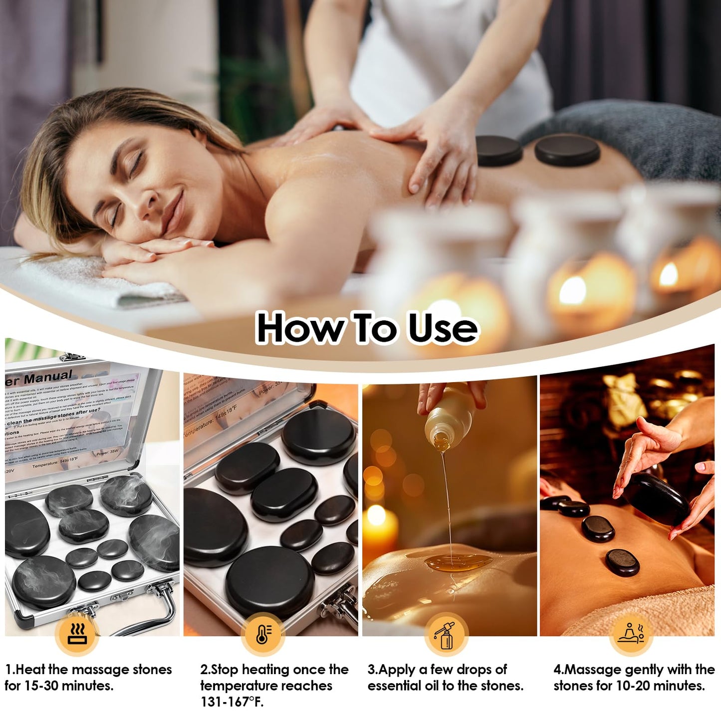 Freudeere 10Pcs Hot Stones Massage Set,Hot Stones Massage Warmer Kit,Portable Hot Stone with Heater for Home Spa Warming Therapy Relaxing