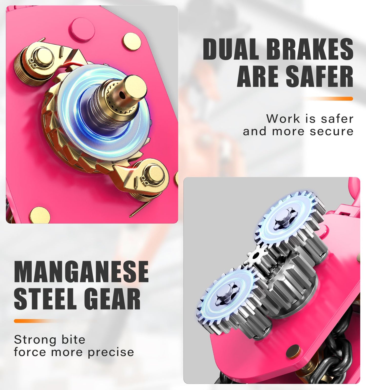 HUGOASIS 3/4 Ton 1650lbs Lever Chain Hoist Capacity 5ft,Chain Come Along with Dual Brake System, G80 Manganese Steel Chain, 2 Heavy Duty Hooks for Garages Warehouse Automotive Machinery – Pink