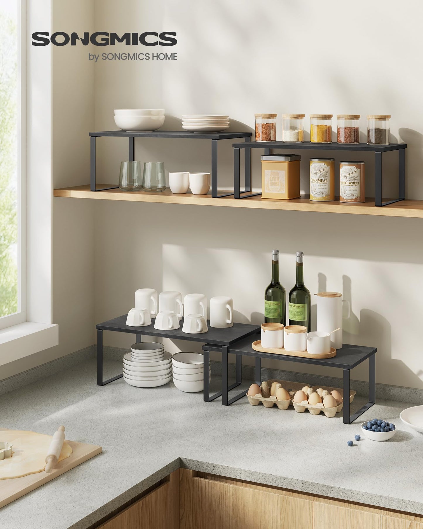 SONGMICS Cabinet Organizer Shelf, Set of 4 Kitchen Counter Shelves, Kitchen Storage, Spice Rack, Stackable, Expandable, Metal and Engineered Wood, Cloud White and Natural Beige UKCS010N01