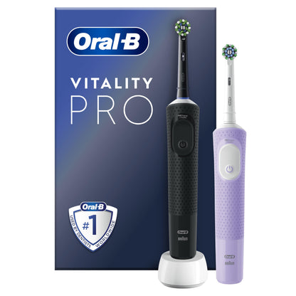 Oral-B Vitality Pro 2x Electric Toothbrushes For Adults, 2 Toothbrush Heads, 3 Brushing Modes Including Sensitive Plus, 2 Pin UK Plug, Black & Purple
