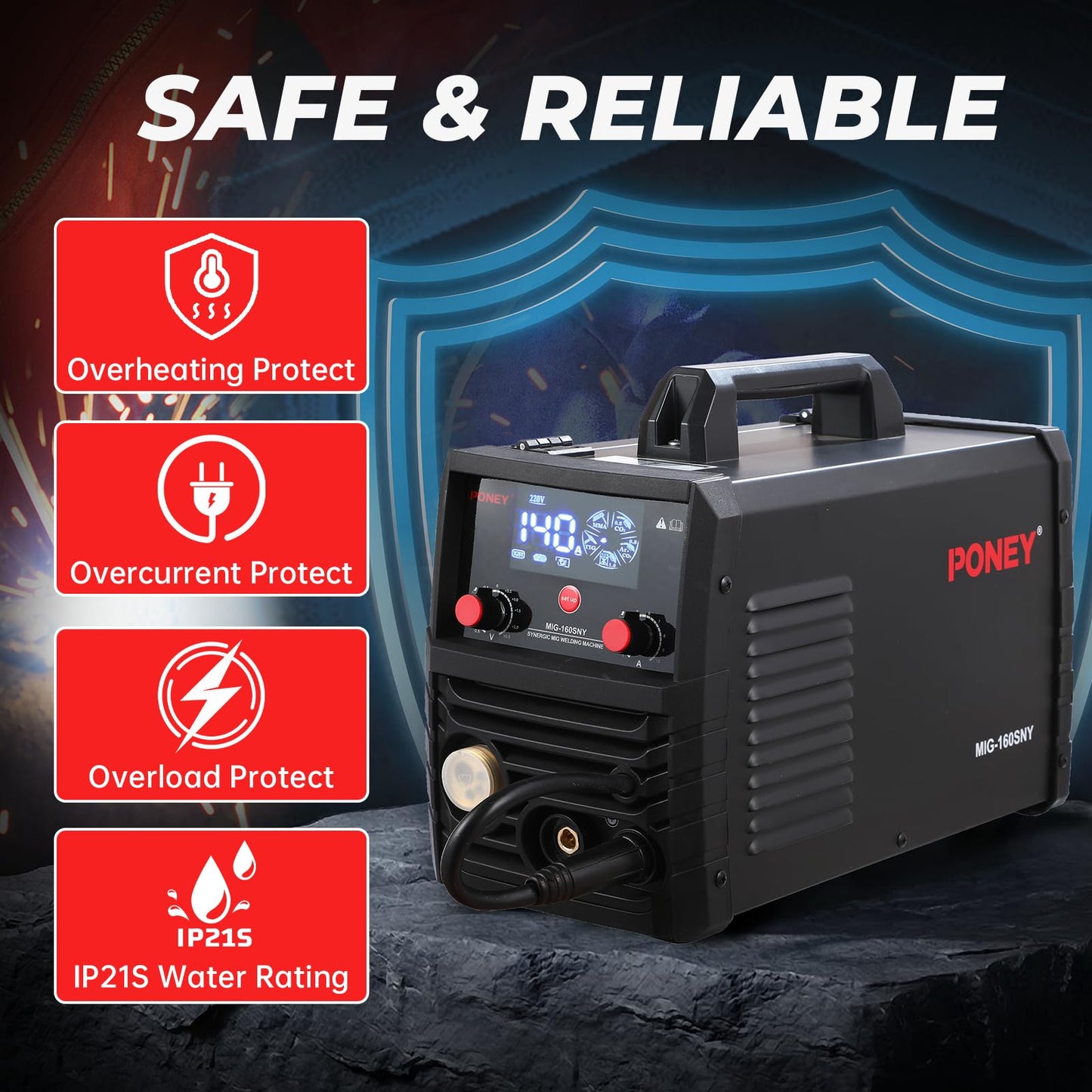 PONEY 140A MIG Welder 110V/220V Dual Voltage - 5 in 1 Portable Gasless MIG/MAG/FLUX/TIG/MMA Welding Machine with Synergic Control, IGBT Inverter & LED Display