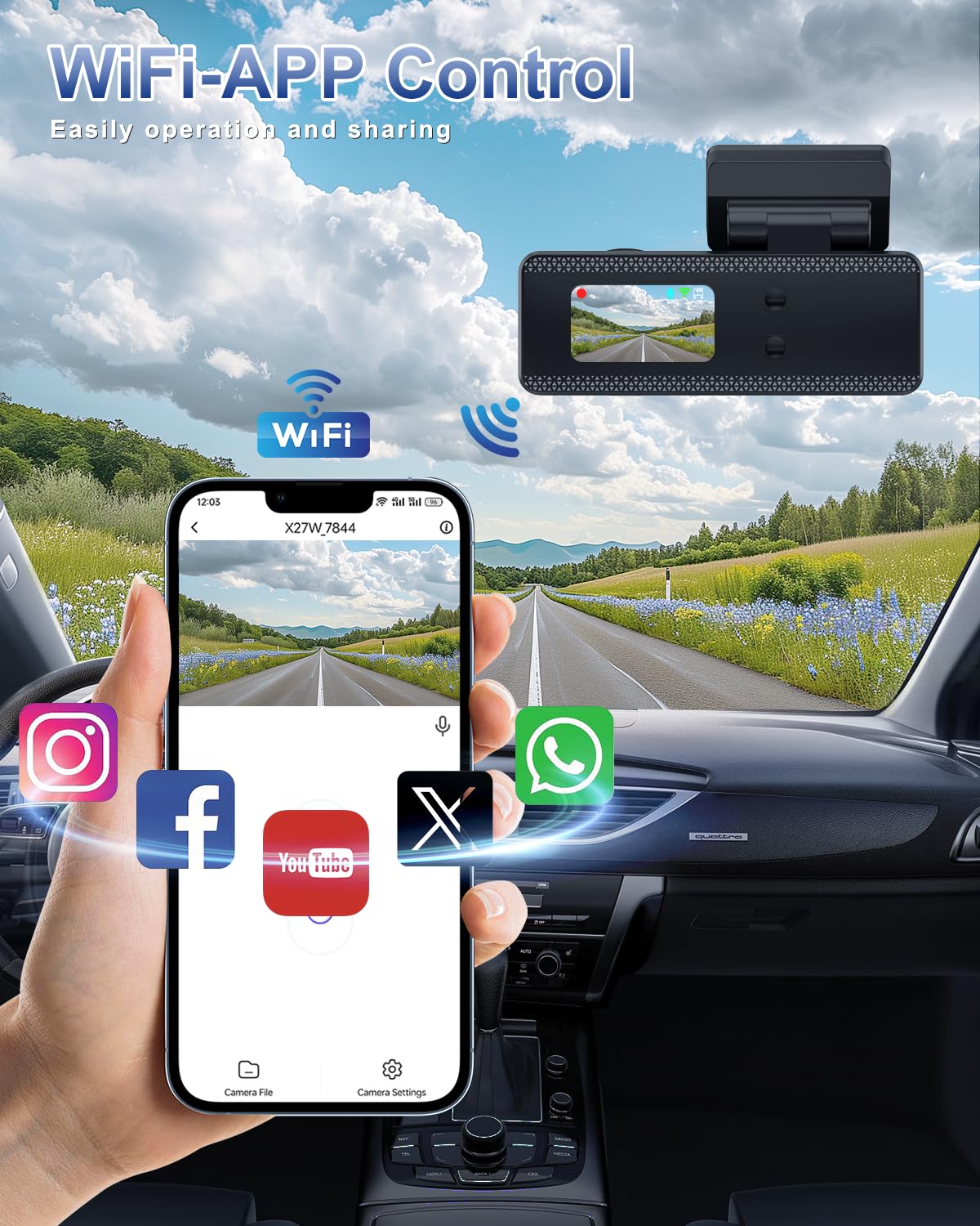 DYNACAM Dash Cam Front and Rear 4K+1080P, Dash Cam Inserted 64GB SD Card, Built-in WiFi Dash Camera for Cars, Super Night Vision Dashcam, 24H Parking Mode, G-Sensor, Loop Recording Car Camera