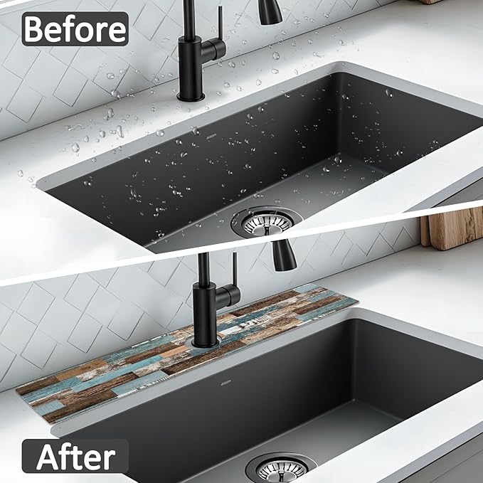 24" X 5.5" Kitchen Sink Splash Guard Faucet Mat Wood Grain Super Absorbent Fast