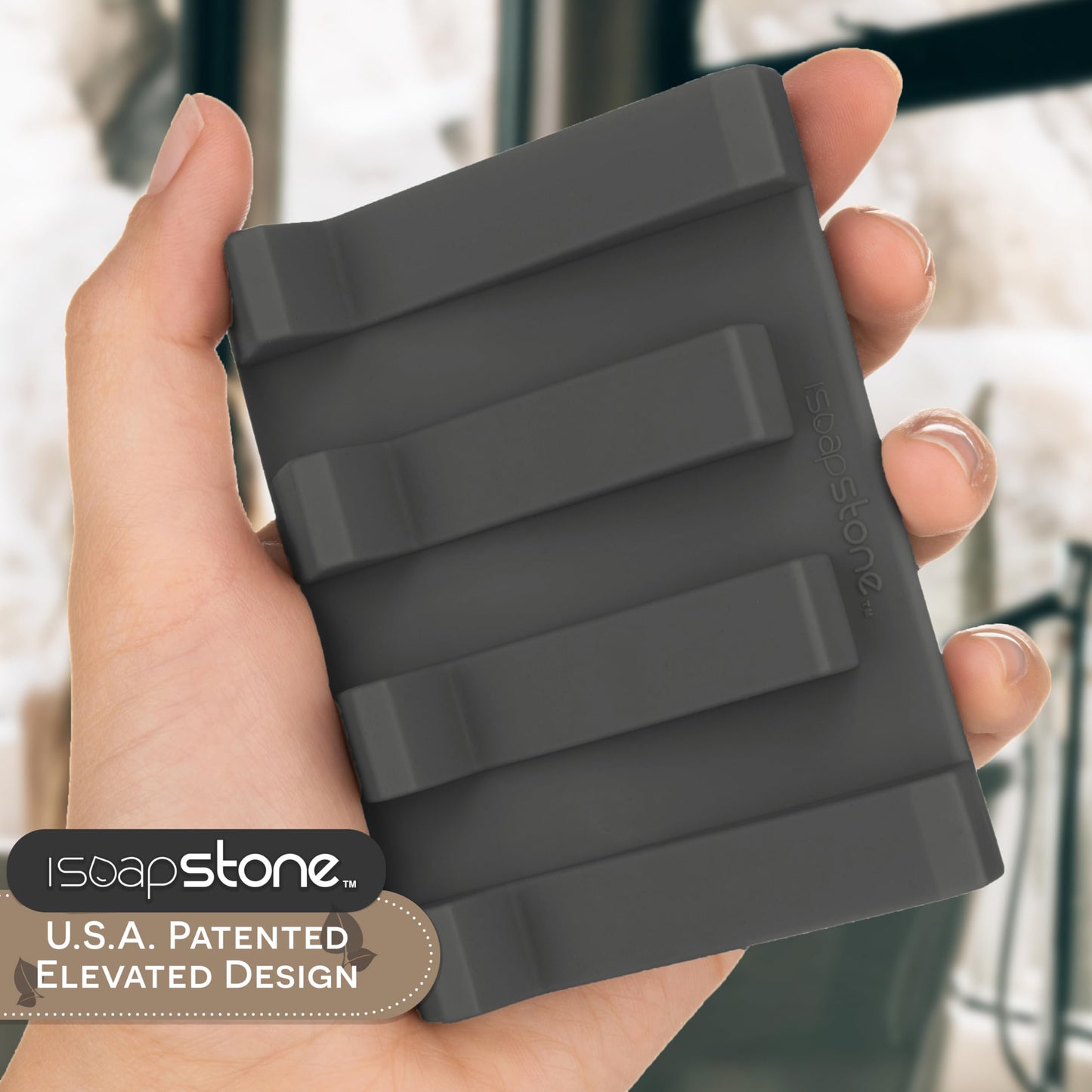 iSoapStone Silicone Soap Dish (USA Patented) Self Draining Bar Soap Holder for Shower Bathroom Sink, Drying Soap Dish Tray Kitchen Sponge Holder Easy Cleaning Soap Saver Mat (Dark Grey, 1)