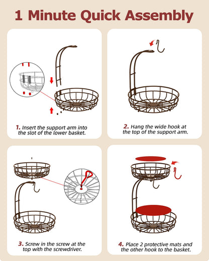 Sevenblue 2 Tier Large Fruit Basket for Kitchen Counter with Removable Banana Hanger - Sturdy Iron Fruit Bowl for Kitchen Counter and Vegetable Holder, Fruit Holder for Kitchen Countertop, Brown