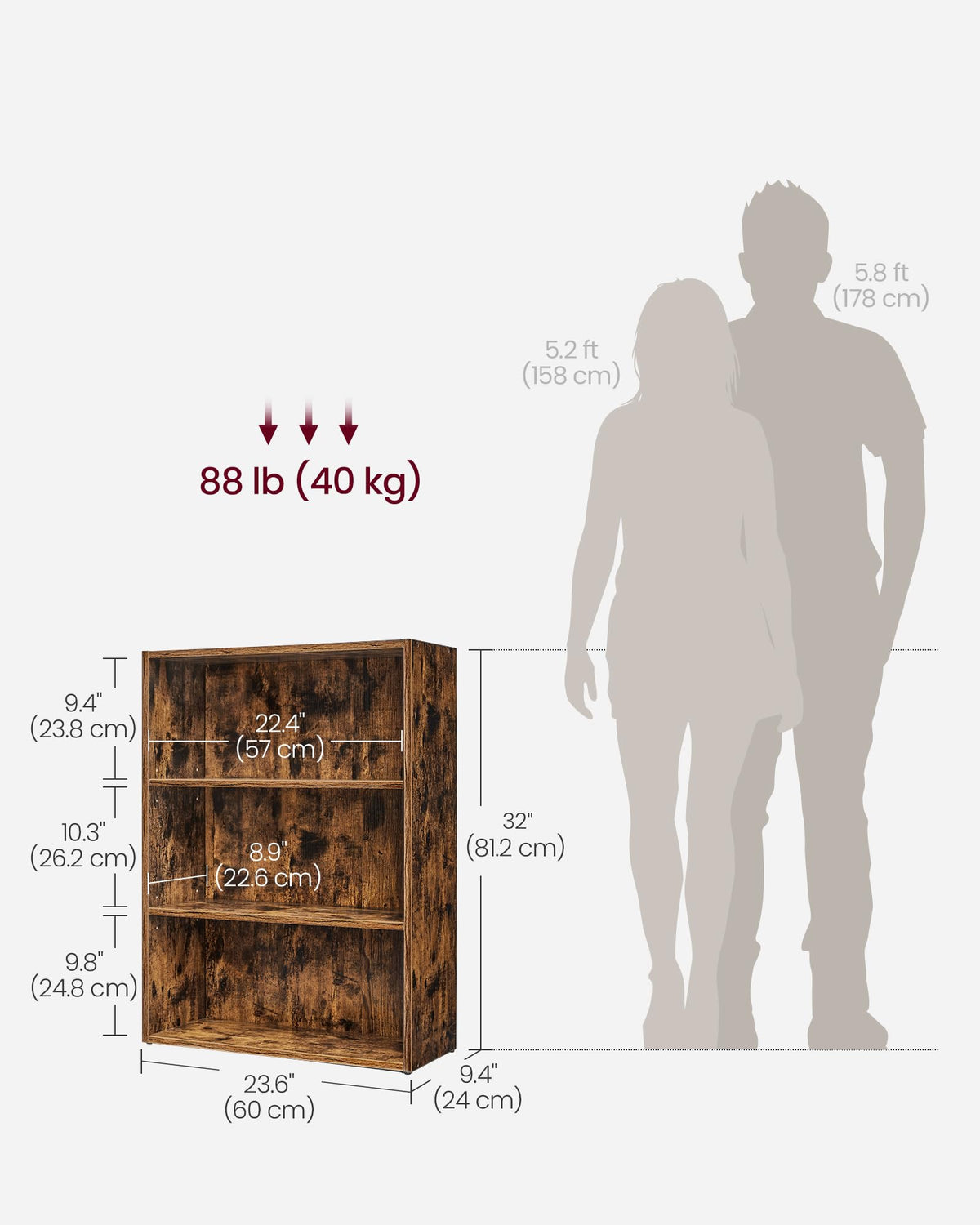 VASAGLE CUSTOS Collection - Bookshelf, 3-Tier Bookcase, Book Shelf, Open Storage Shelf, 9.4 x 23.6 x 32 Inches, for Living Room, Home Office, Dinning Room, Rustic Brown ULBC163X01