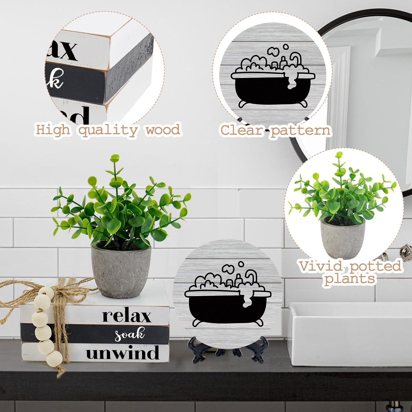 Bathroom Shelf Decor, Modern Farmhouse Bathroom Decor, Funny Wooden Rustic Decor for Restroom Shelf Guest Bath (Relax Soak Unwind)