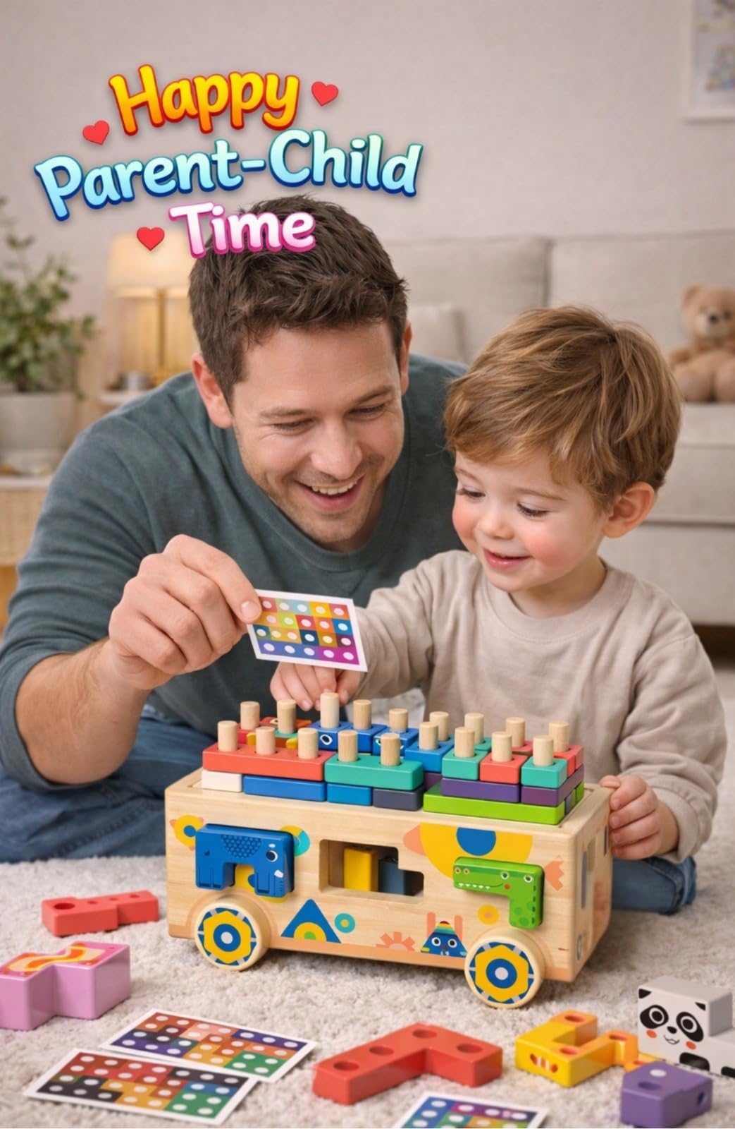 Wooden Montessori Toddler Toy Car Animal Shape Sorting & Peg Stacking Blocks Educational Learning Toy for Toddlers Ages 2-4 Fine Motor Skills Preschool Toy Wooden Shape Sorter Gift for Boys Girls