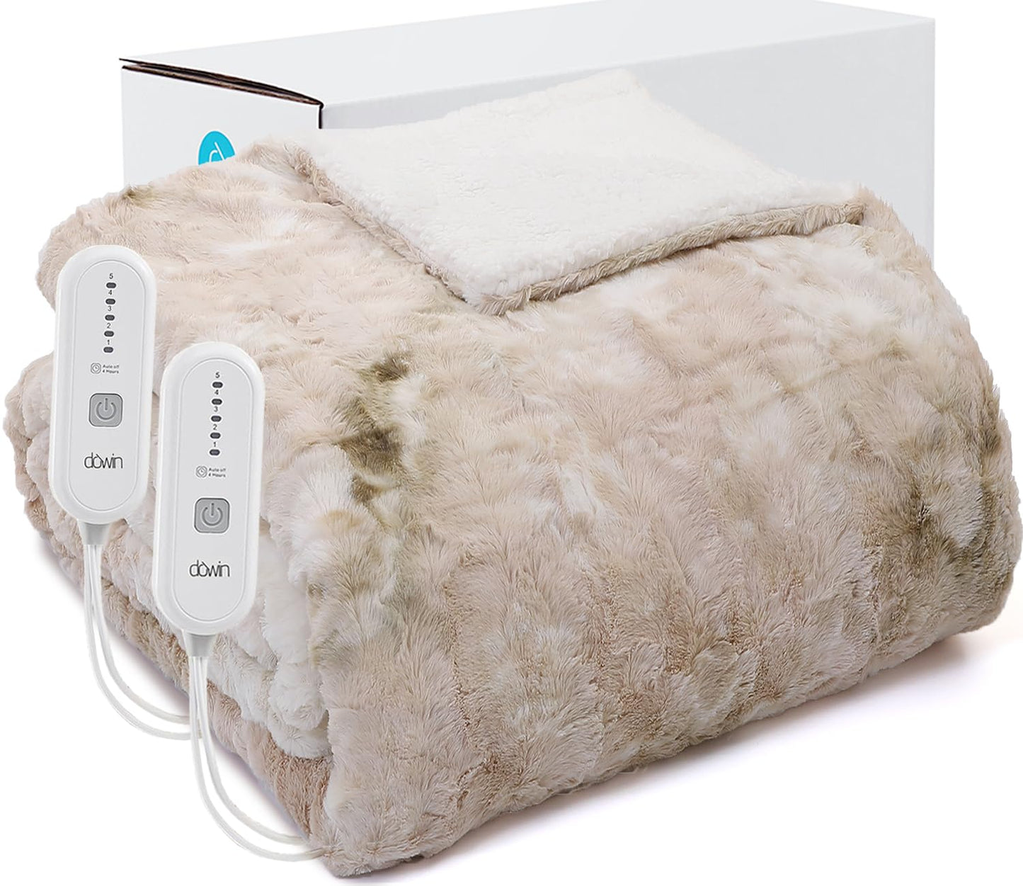 Dowin Faux Fur Heated Blanket Queen Size- Dual Control Reversible Electric Blanket 84x90 Inches, Fast Heating with 10 Hrs Auto-Off & 5 Heat Settings,Machine Washable,Beige