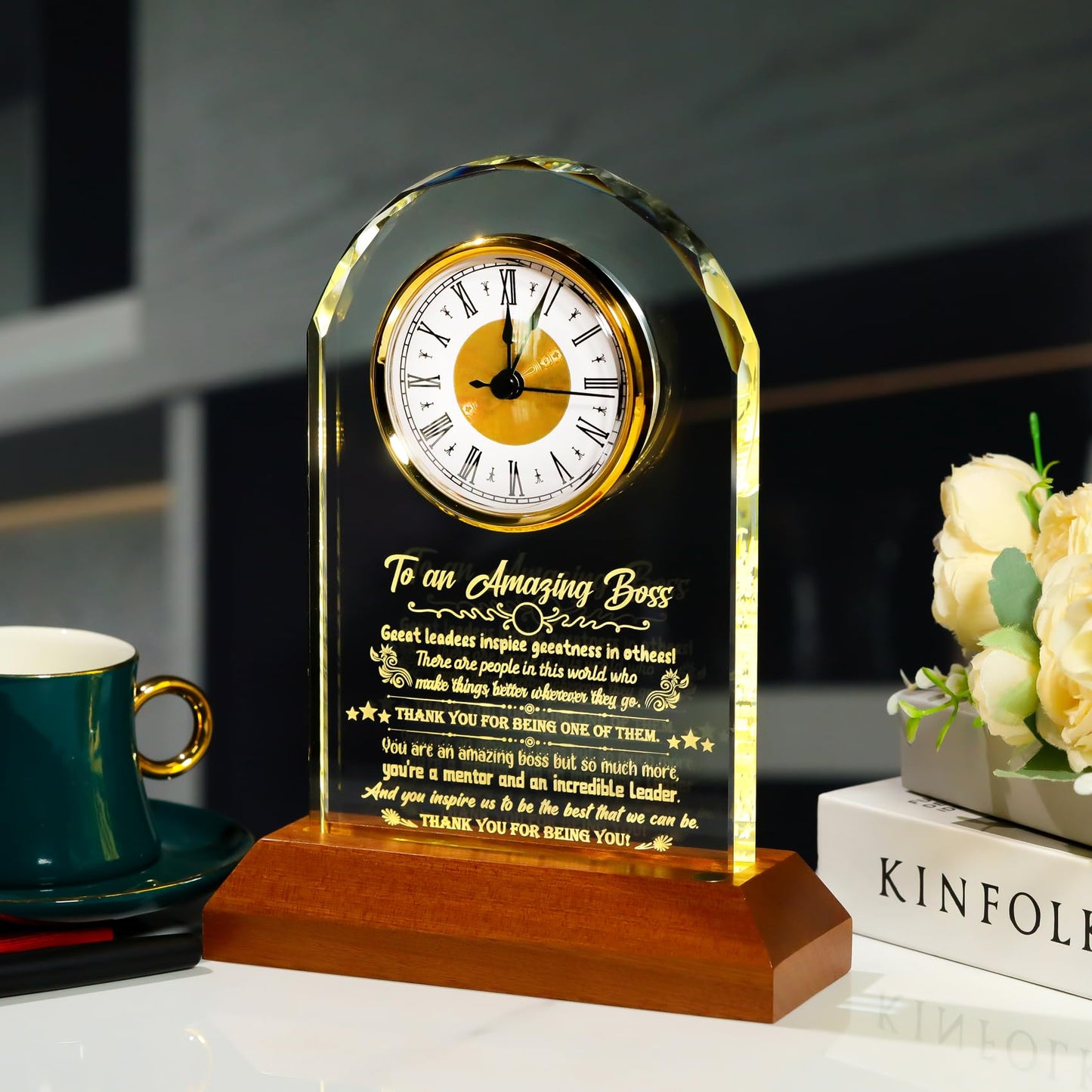 Arikyrist Boss Gifts for Women Going Away Clock for Female Bosses with Wooden Light Base Appreciation Retirement Presents for Men Lady Boss Boss's Day Gift Idea Office Decor