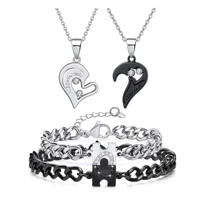 HUASAI 4Pcs Heart Necklaces Women Couples Necklace Bracelets Matching Set for Couples Jewelry Gifts Pendant Matching Necklace Valentines Day Gifts for Her Girlfriend Valentines Accessories