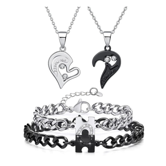 HUASAI 4Pcs Heart Necklaces Women Couples Necklace Bracelets Matching Set for Couples Jewelry Gifts Pendant Matching Necklace Valentines Day Gifts for Her Girlfriend Valentines Accessories