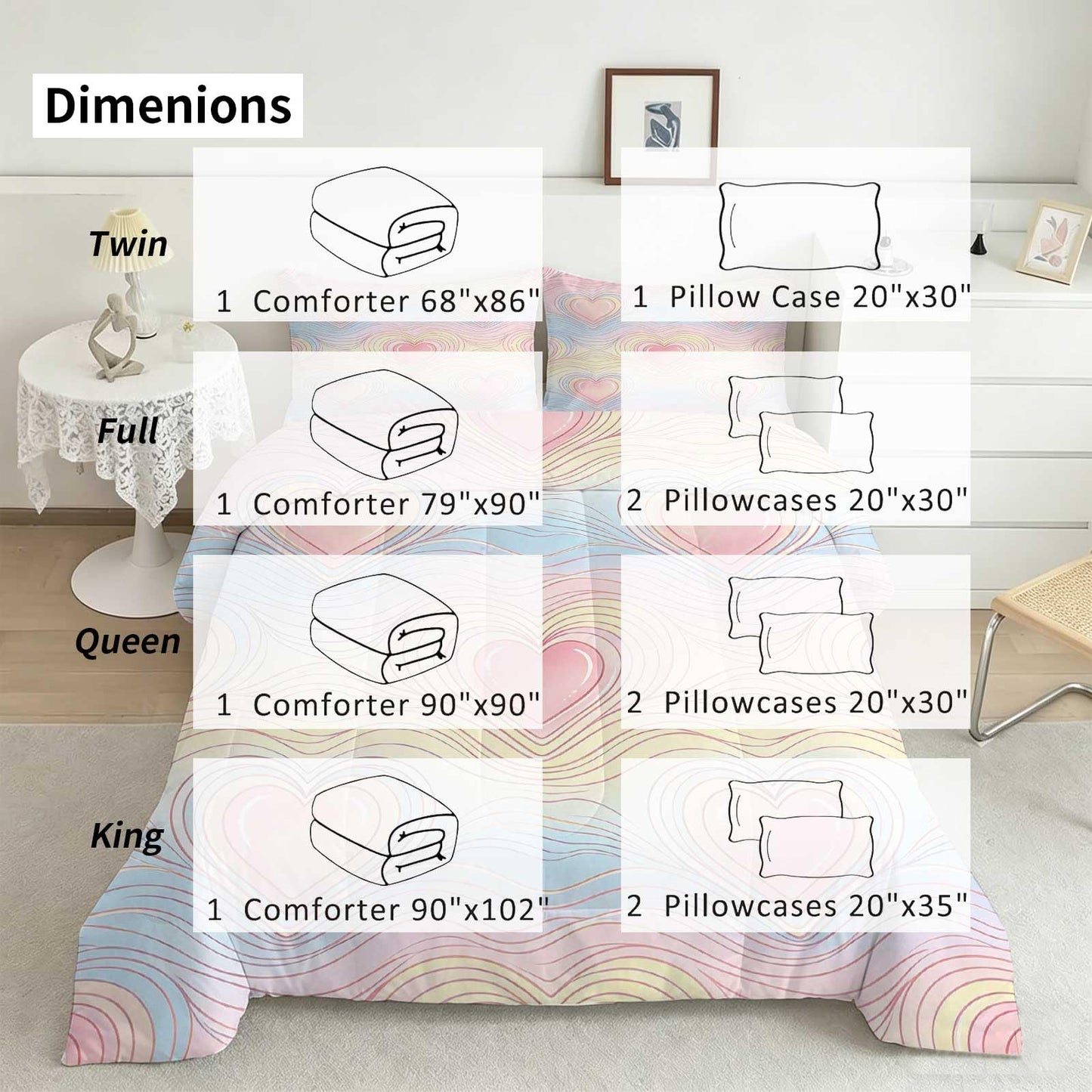 DJNEAR Pastel Heart Comforter Set, Soft Microfiber Cute Pink Heart Bedding Set for Girls Teens Women, 2 Pieces All Season Ombre Love Wave with 1 Comforter 1 Pillowcase, Twin Size