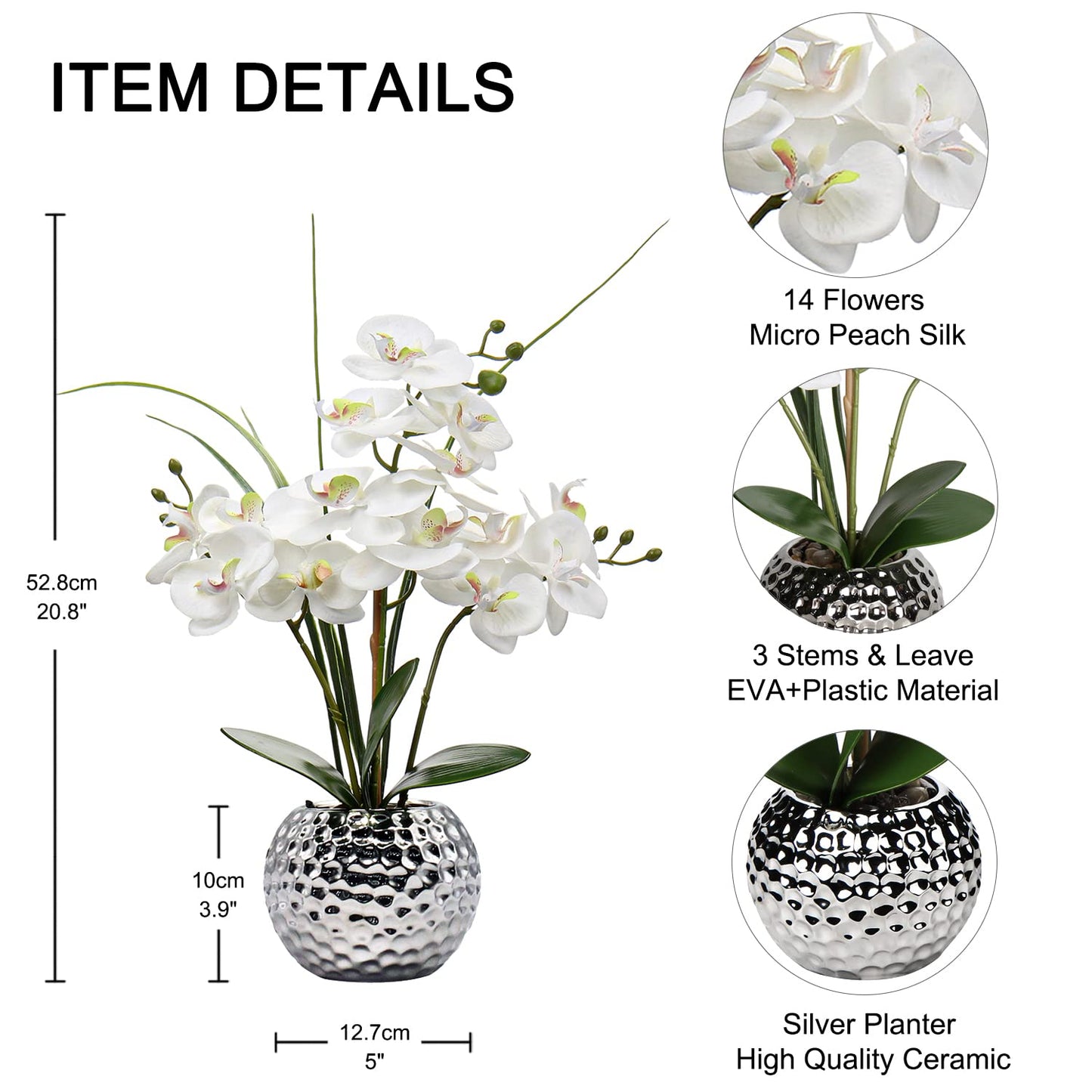 Oairse Artificial White Phalaenopsis Orchid Flower Arrangements 20.8" Faux Orchid Flower in Silver Pot Orchid Centerpiece for Dining Room Table