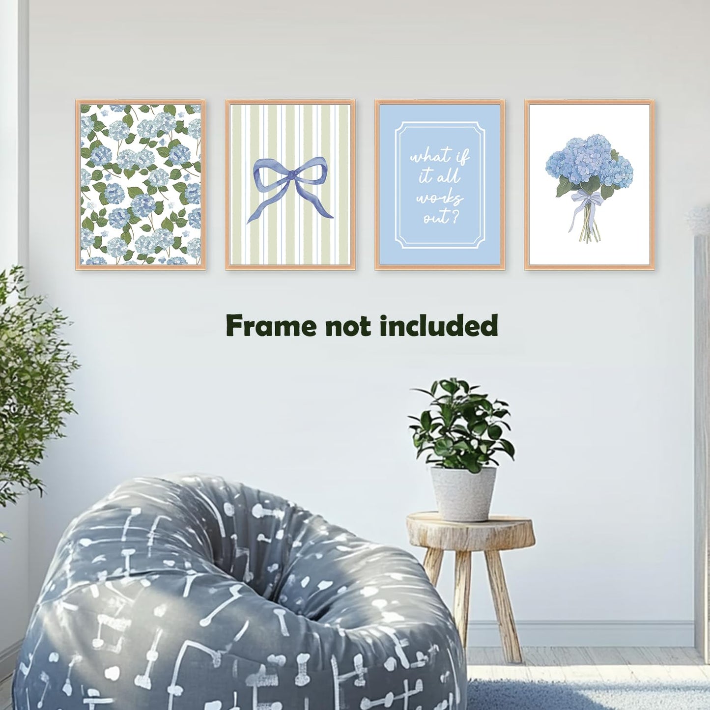 Pleonox Inspirational Coquette Blue Bow Hydrangea Floral Wall Art Prints 12x16 Inch Set of 4, Motivational Sage Green Striped Pictures Wall Decor for Girly Bedroom Room Dorm Apartment, Unframed