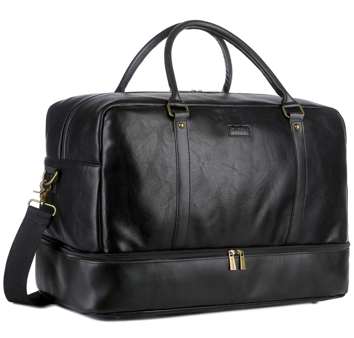 BAOSHA Vegan Leather Large Travel Duffel Tote Bag Carry On Weekender Overnight Bag With Shoe Compartment HB-38 (Black)
