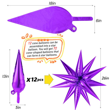 Purple and Black Orange Star Balloons, 72PCS Large 26 Inch Halloween Foil Balloon, Metallic Cone Mylar Spike Balloons Firework Balloon for Halloween Xmas Birthday Photo Props