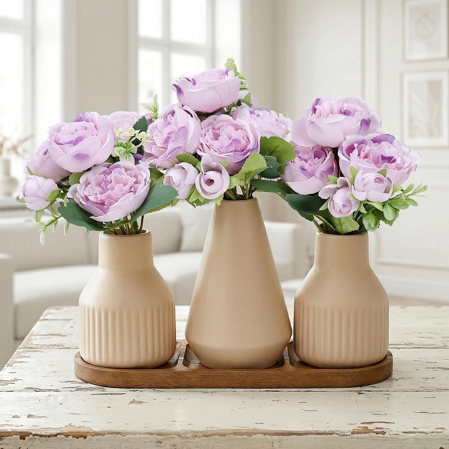 Nagobi Flower Table Centerpiece - Dining Table Centerpiece Decor Set of 3 Fake Peonies in Ceramic Vases & Wood Tray Modern for Kitchen Island Living Room Coffee Table Home Decor (Light Purple)