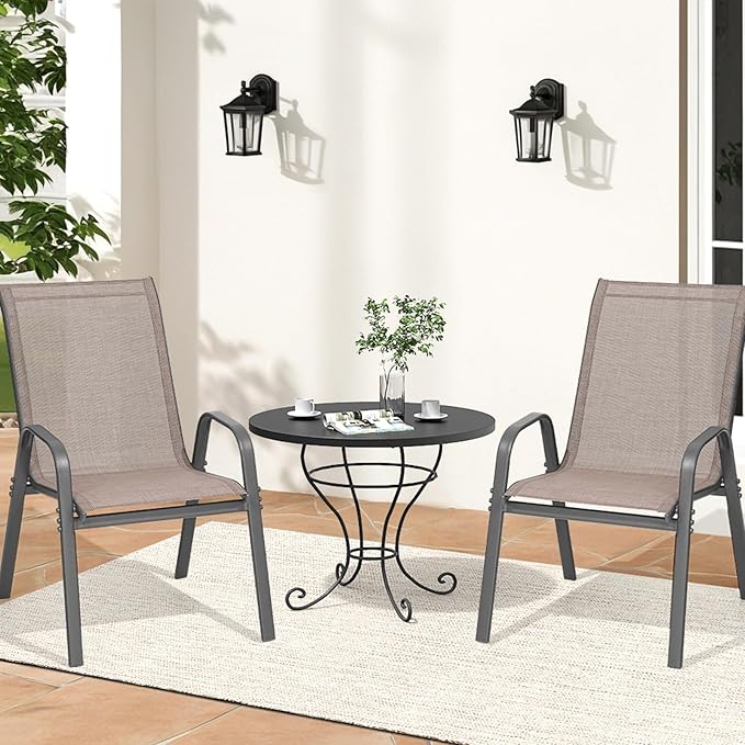 Patio Chairs Set of 2, Easily Set Up Stackable Outdoor Dining Chairs with High Back and Wide Seat, All Weather Breathable Outdoor Chairs Set of 2 with Metal Frame for Backyard Deck Pool, Brown