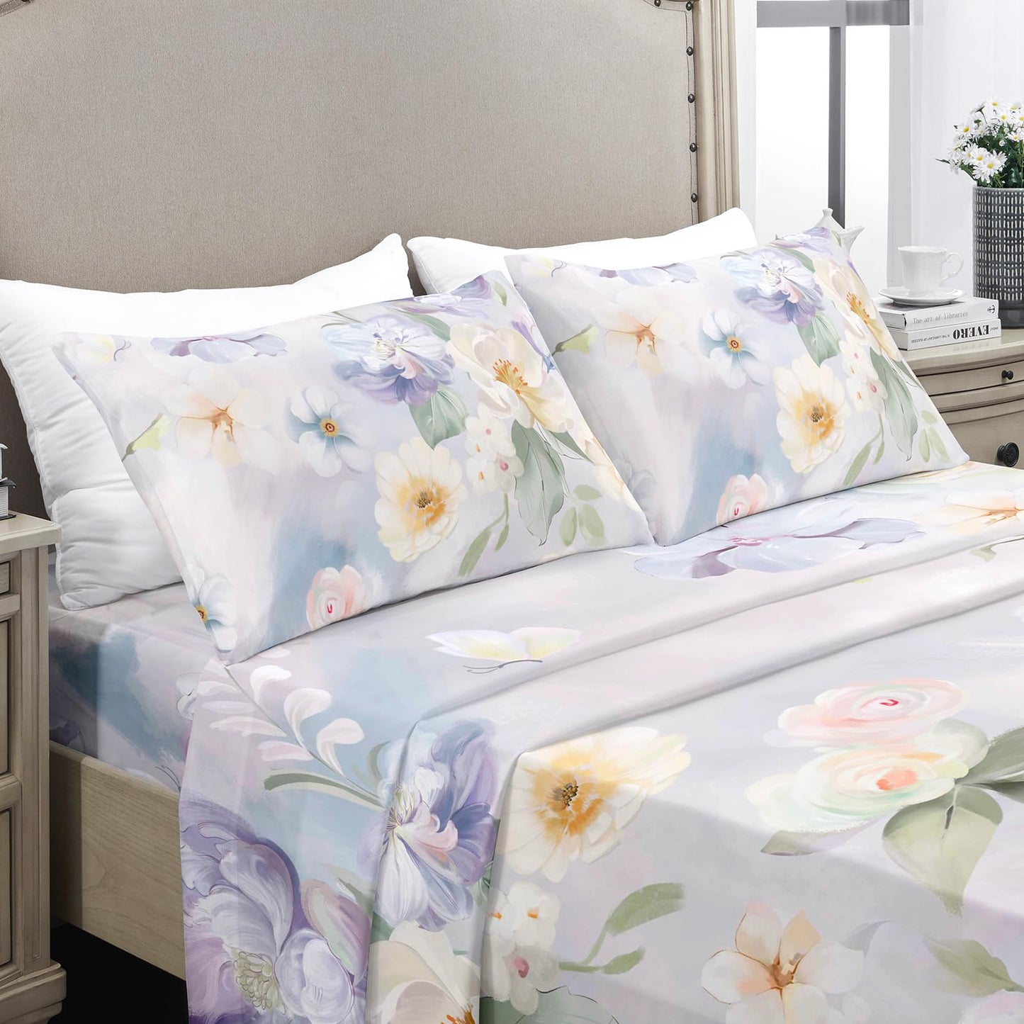 YIYEA Floral Sheets King Size, Premium Double Brushed Microfiber Bed Sheet Set for All Season, Soft Breathable, 16" Deep Pocket, Shrinkage and Fade Resistant, 4PC, King