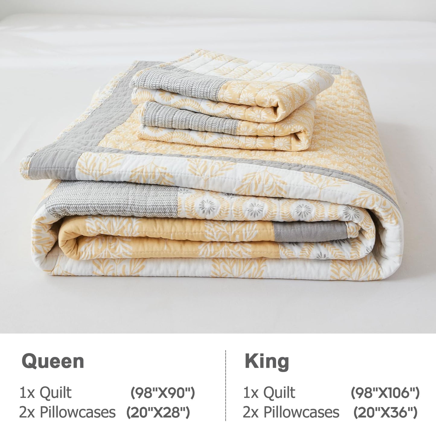 Finlonte King Size Quilt, 100% Cotton Comforter King Size, Yellow Grey Farmhouse Quilted Bedspread, Patchwork Lightweight Reversible Quilt Bedding Set for King Bed, 3-Pieces