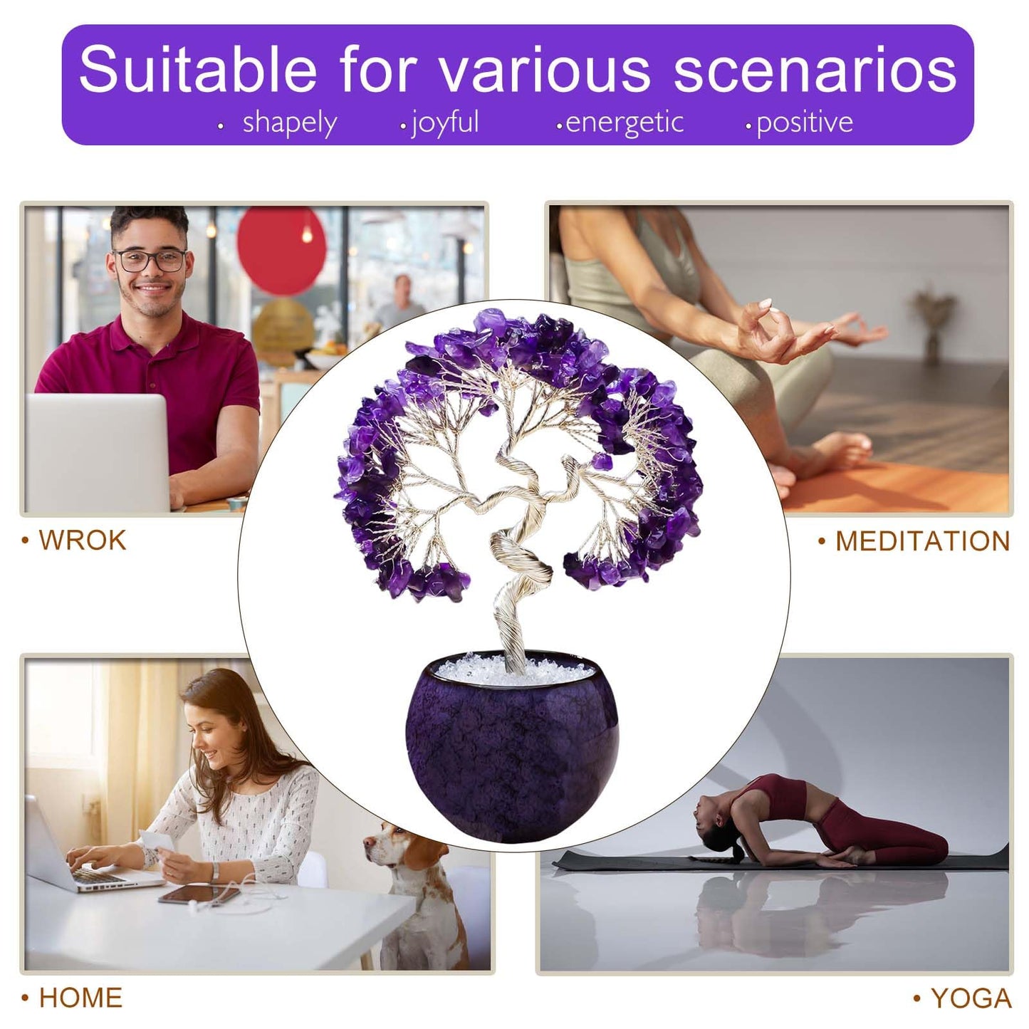 Runyangshi Amethyst Crystal Tree of Life - 7in Chakra Crystal Money Tree with 297 Natural Healing Crystal Gemstone for Feng Shui, Luck, Balancing Energy Home Decor & Spiritual Gift