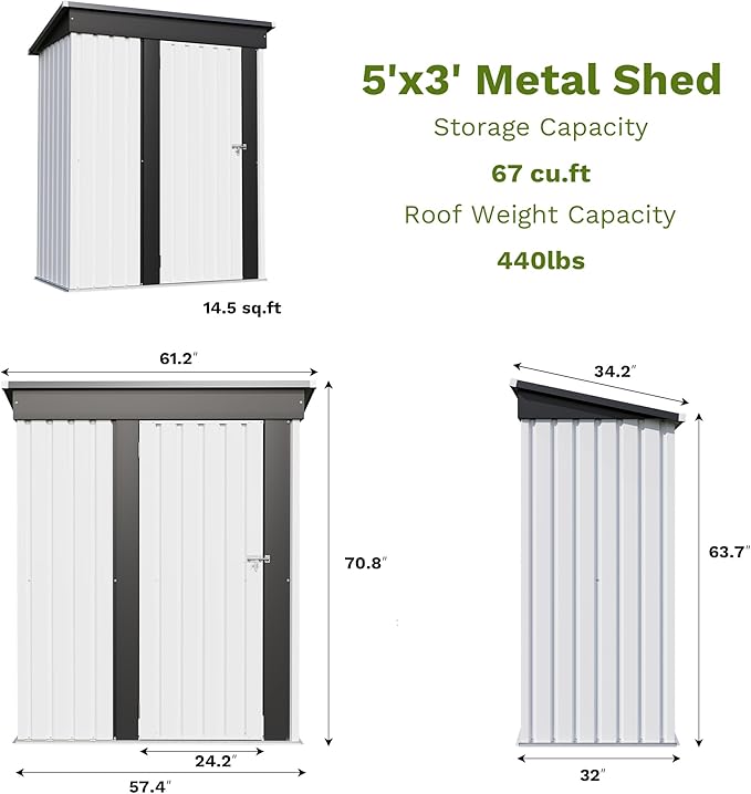 Patiowell 5x3 FT Outdoor Storage Shed, Garden Tool Shed with Sloping Roof and Lockable Door, Metal Shed for Backyard Garden Patio Lawn, White