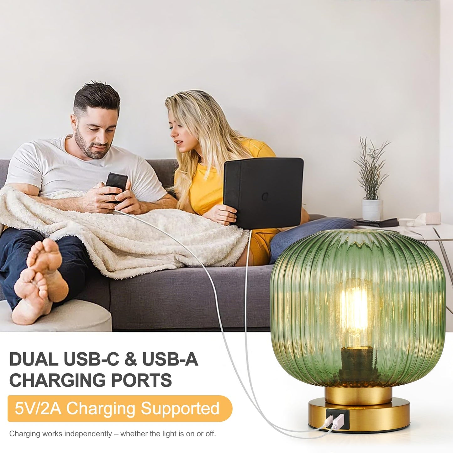 Touch Table Lamp with USB C+A Charging Ports, 3-Way Dimmable Bedside Lamp for Bedroom, Green Glass Shade & Brass Base, Plug-in E26 Desk Lamp for Nightstand Living Room Home Office Home Décor