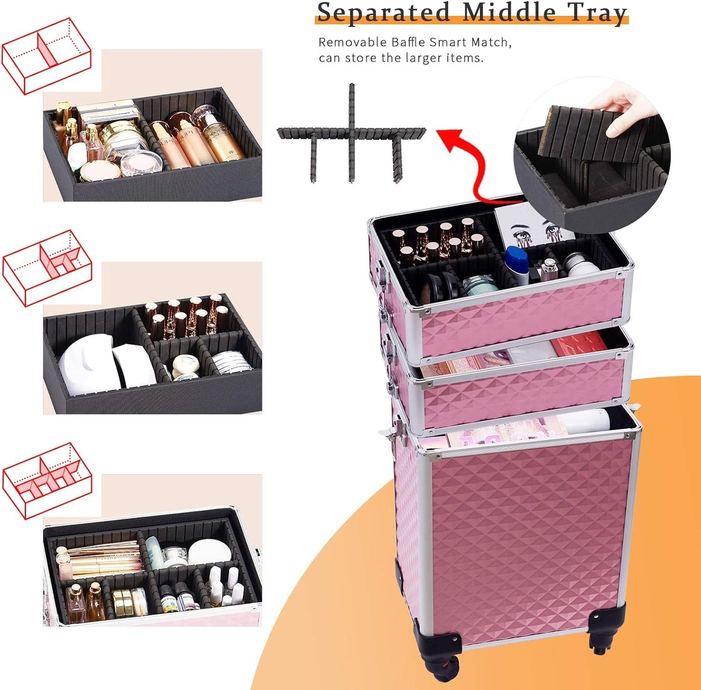 Joligrace Makeup Organiser 4-in-1 Beauty Case on Wheels Vanity Case Pink Trolley Nail Polish Organiser