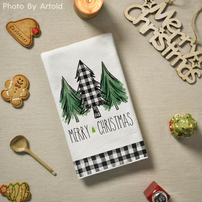 Artoid Mode Buffalo Plaid Truck Trees Kitchen Dish Towels Merry Christmas, 18 x 26 Inch Winter Drying Cloth Tea Towels for Cooking Baking Set of 2