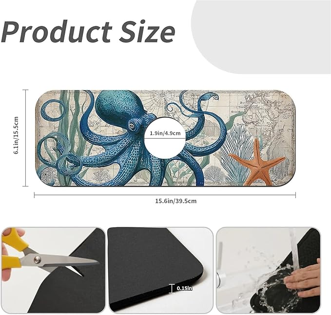 Kitchen Sink Splash Guard，Blue-octopus Faucet Mat Sink Gadgets-Super Absorbent