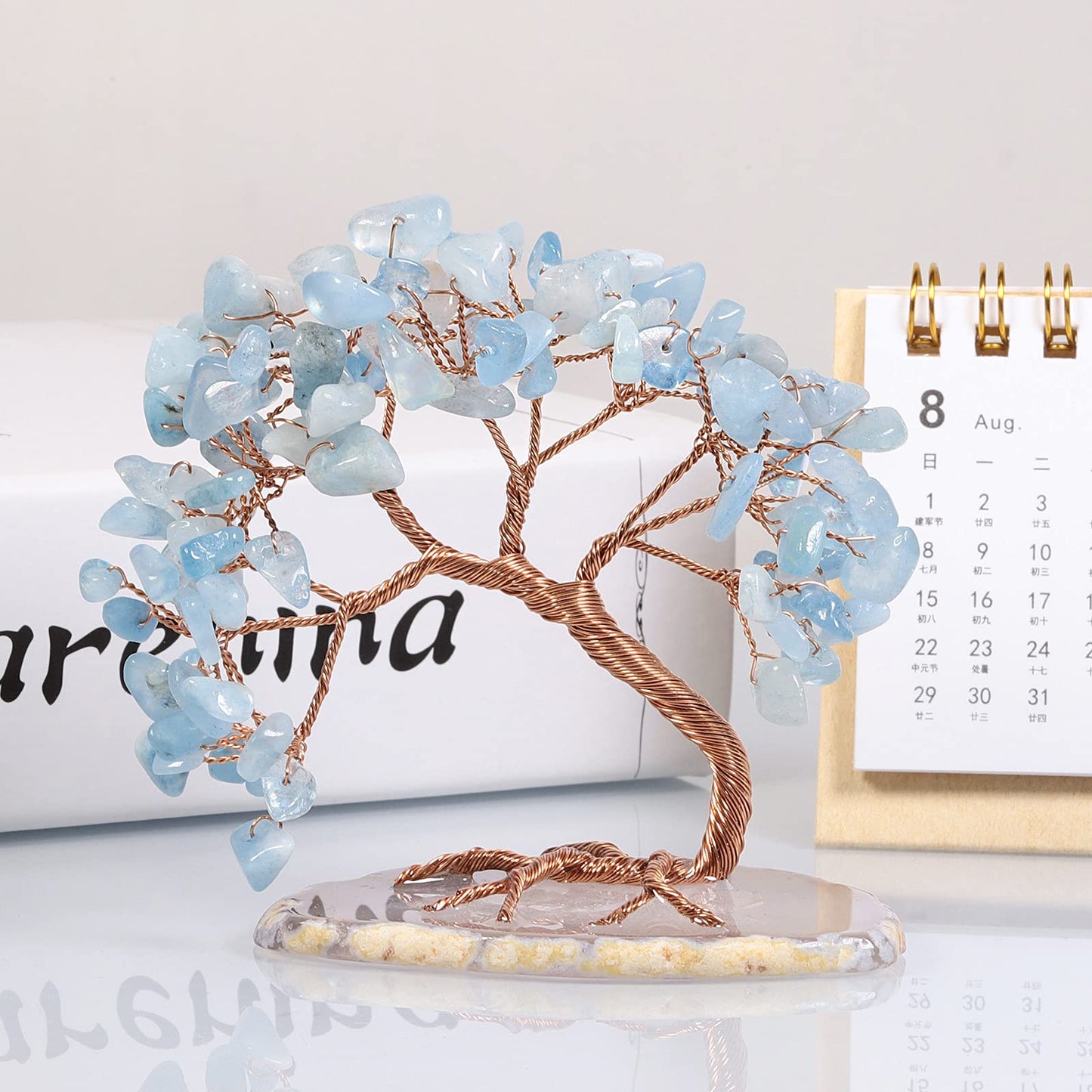 mookaitedecor Natural Aquamarine Crystal Money Tree Agate Slice Base Feng Shui Bonsai Crystal Tree for Wealth Luck Desk Decor, 3-4 Inch High