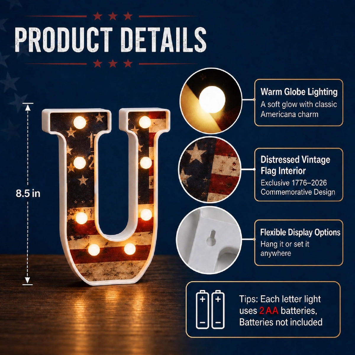 7 Pcs 8.5" USA 250th Anniversary Light Up Marquee Letters Sign, 1776–2026 American Flag Large LED Letters, Patriotic 4th of July Independence Day Decorations for Home Decor, Table Centerpiece & Party