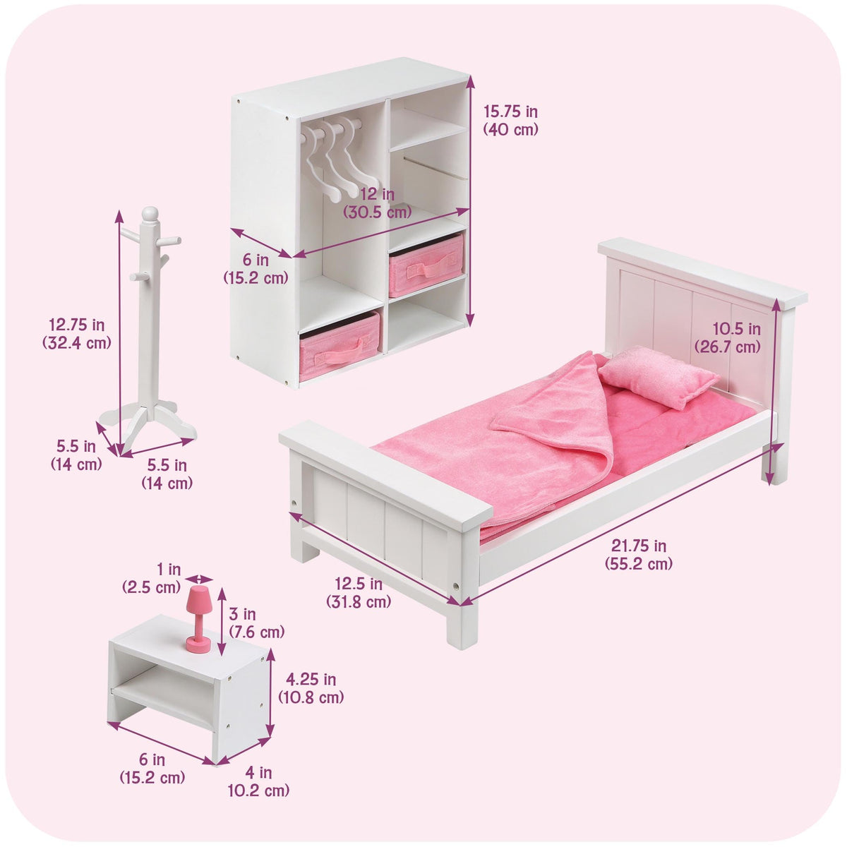 Badger Basket 13-Piece Bedroom Furniture Set for 18 Inch Dolls – Includes Bed, Armoire, Nightstand & Accessories
