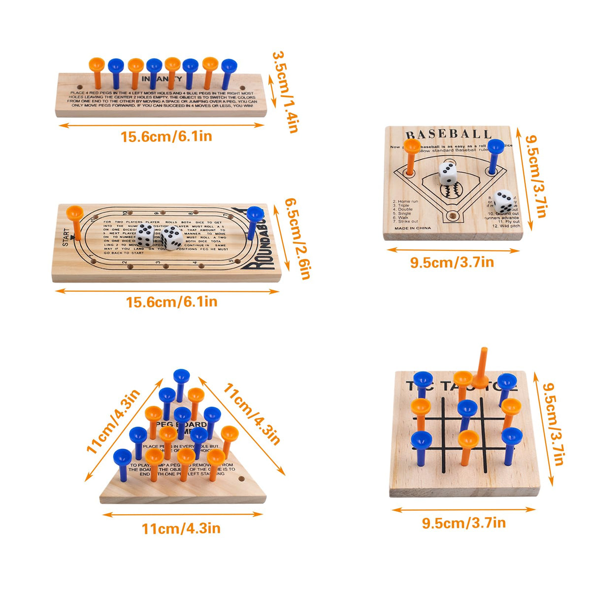 Wooden Peg Games Assortment Kit, 5 PCS Fun Brain Strategy Toy for Teens and Adults, Including Baseball, Tic-Tac-Toe, Insanity, Peg-Board-Game, Roundabout