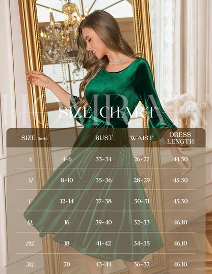 HomRain Dark Green Long Sleeve Velvet Dress Fit and Flare Bell Sleeve Fall Wedding Guest Dress Green Velvet Dress for Christmas Cocktail Party Holiday Velvet-DarkGreen L