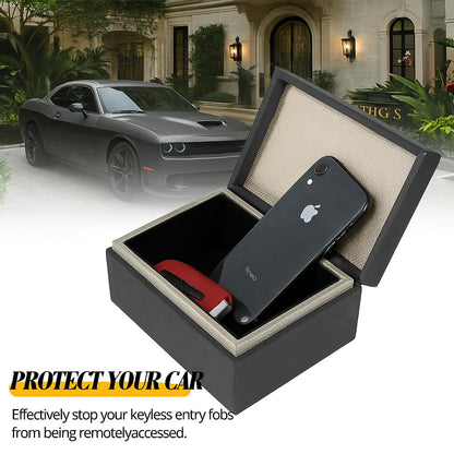 Faraday Box for Car Keys, RFID Signal Blocking Key Fob Protector, Large Capacity Suede Anti-Theft Box with Silver Buckle (Fits Multiple Keys, Phones & Cards) - Black