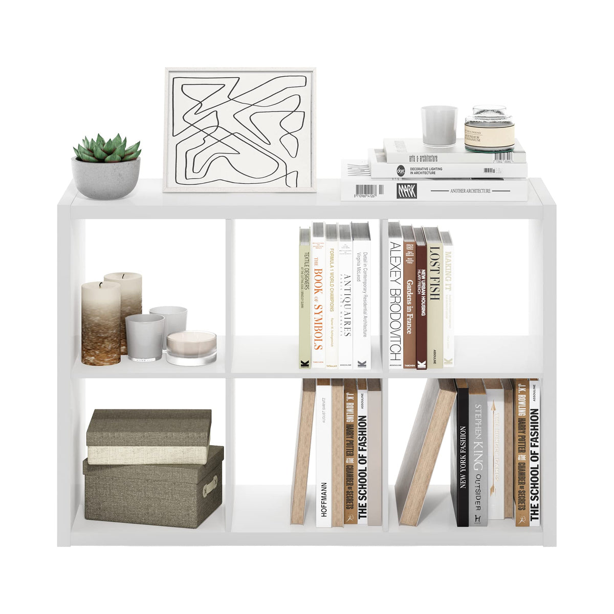 Furinno Cubicle Book Shelf, 6-Cube Bookshelf, Extra Thick Frame Horizontally & Vertically Reversible Bookcase with Open Back, 14.6" x 44" x 30", for Living Room, Bedroom, Home Office, White