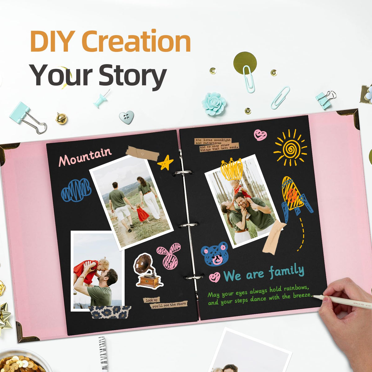 Vienrose DIY Scrapbook Photo Album Kit with Pens Tapes and Stickers 60 Pages Hardcover 8.5x11 Inches 3 Rings Removable Black Paper Scrapbooking Gift for Lover Friends Kids Wedding Valentine's Pink