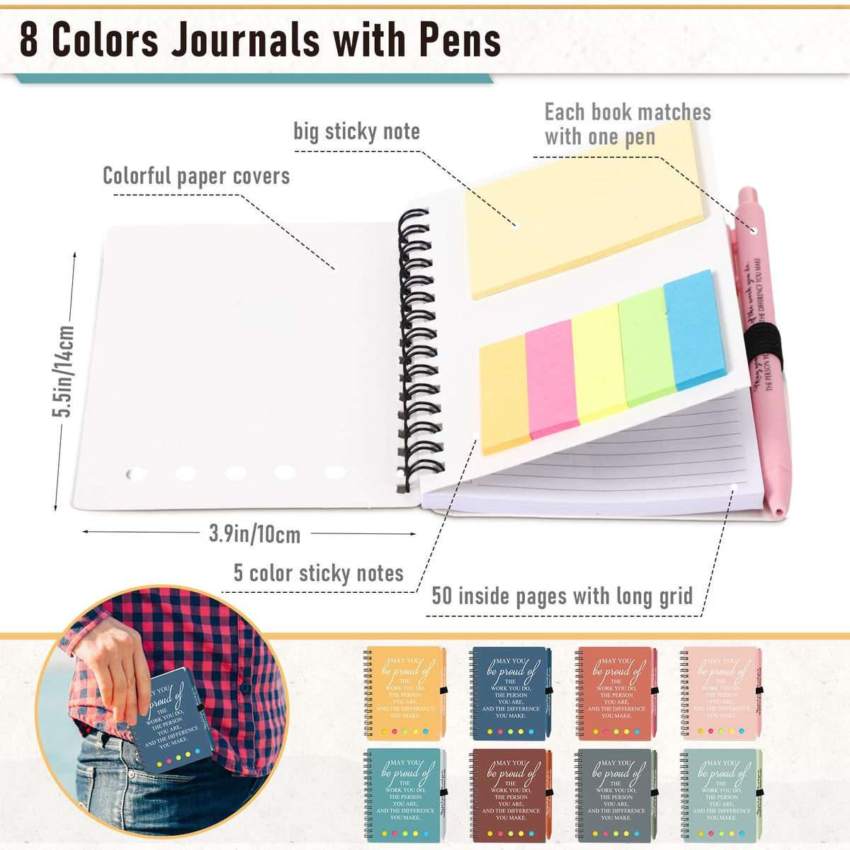 Resurhang 48 Pcs/24 Set Employee Appreciation Gift for Coworkers Staff Teacher Positive A6 Spiral Journal Notebook with Pen for Team Volunteer Week Lab Week(Fresh Color,May You)