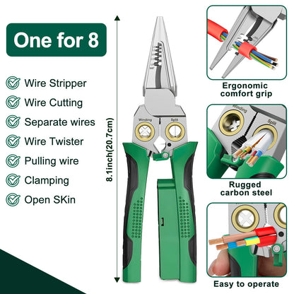 GADO Pro 8-in-1 Wire Stripper/Cutter with Voltage Tester & Dual Alarms - Heavy Duty 12-250V AC/DC Electrical Tester for Hot/Neutral Wires - Electrician, HVAC, Car Repair Tool (Green)
