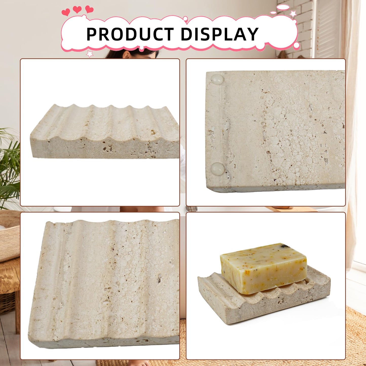 Shonmogar Natural Travertine Soap Dish, Draining Soap Dish for Shower, Stone Bar Soap Holder with Feets,Gorgeous for Soap Tray for Bathroom Shower Kitchen Counter Sink, Beige