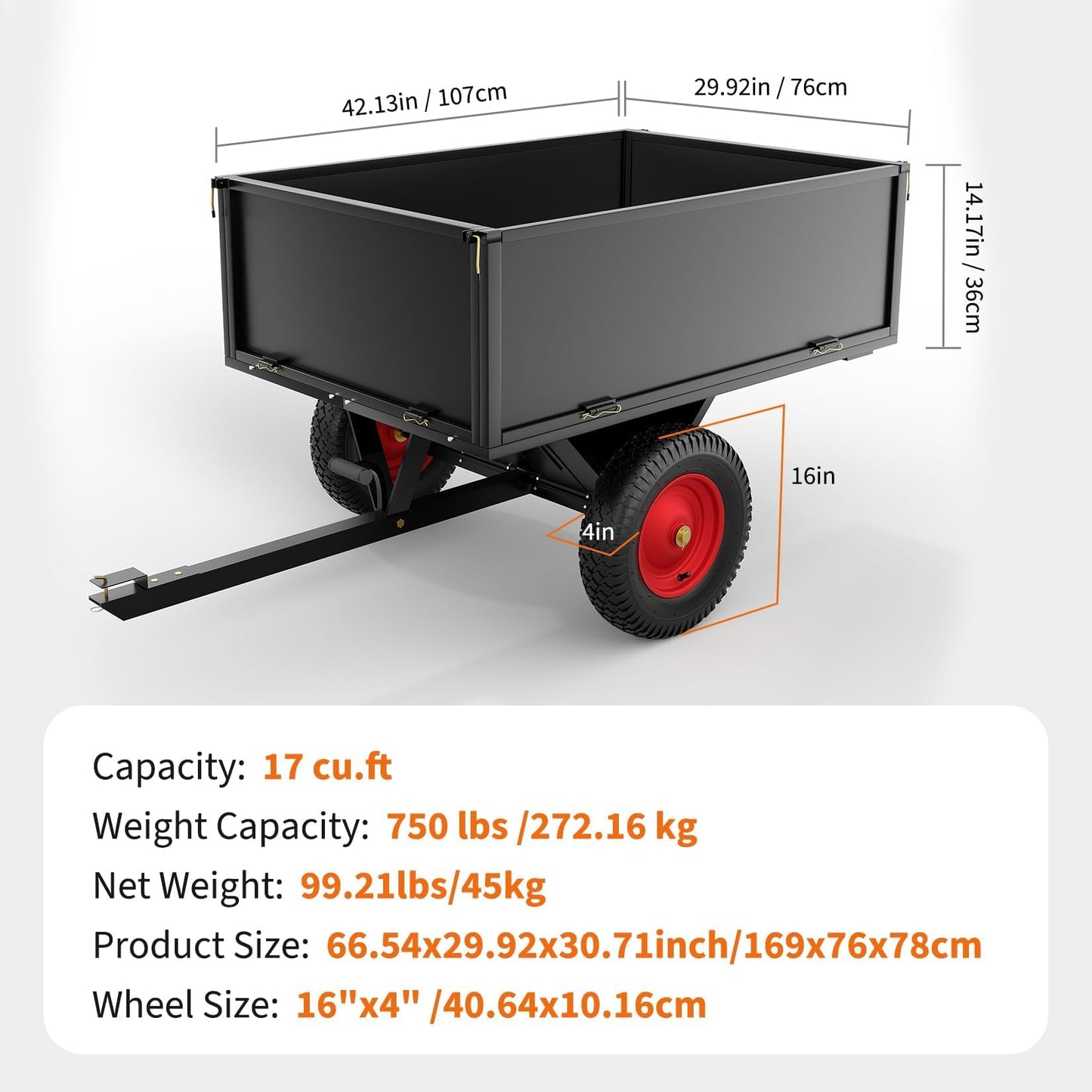 750 lbs 17 Cubic Feet Steel Dump Cart Trailer with Removable Sides, All Terrain Tires for Lawn Mower, Tractor, ATV | Heavy Duty Yard Garden & Farm Utility Trailer for Hauling Rocks, Soil, Debris
