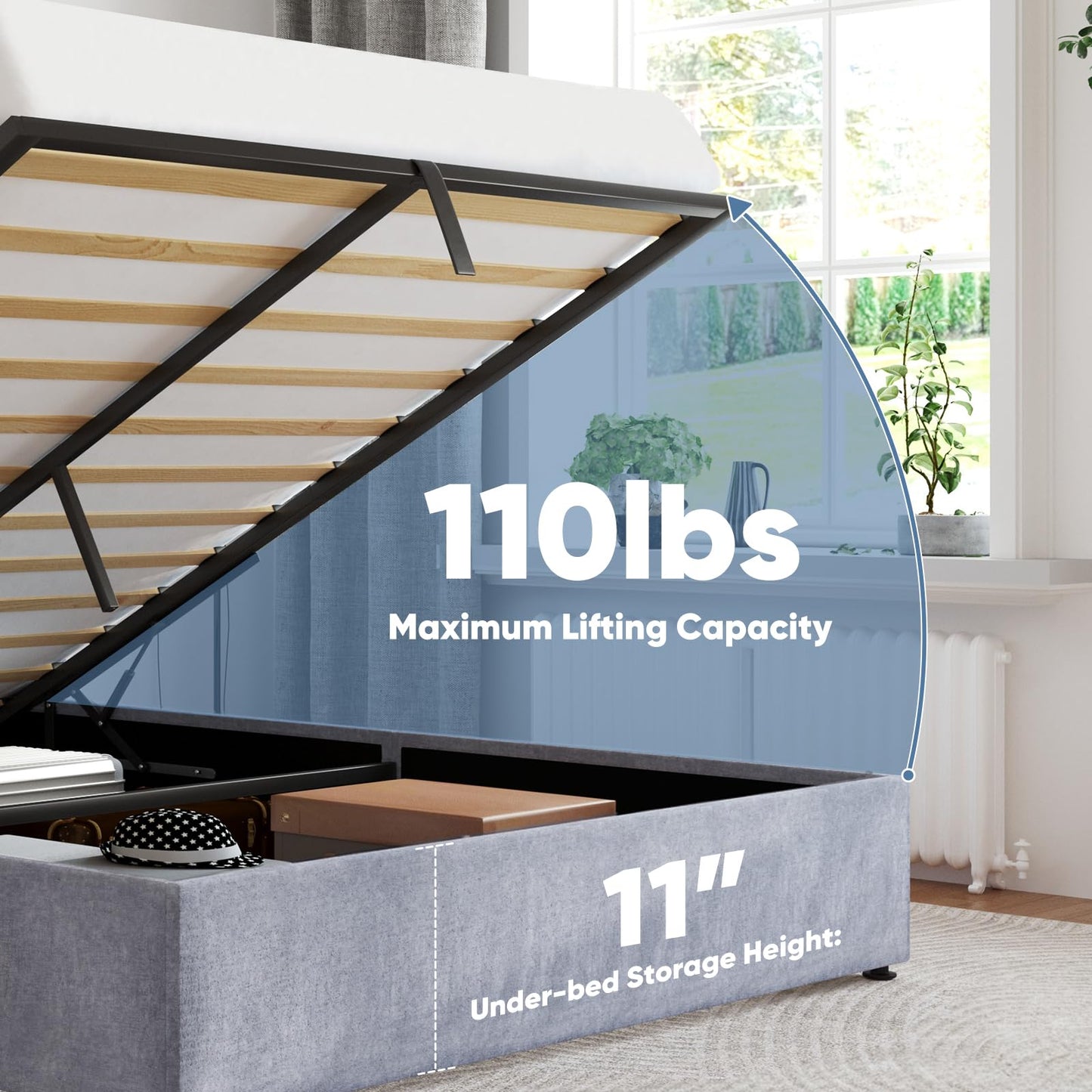 DUMOS Queen Size Lift Up Storage Bed with Modern Wingback Headboard, Hydraulic Support Fabric Upholstered Platform Bed, Wood Slats Support, Underbed Storage, No Box Spring Needed, Grey